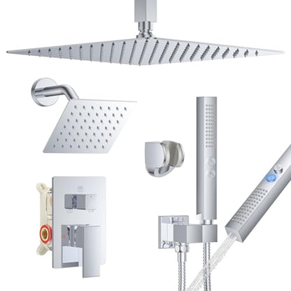 Rain Shower System 12" & 6" Dual Shower Heads Ceiling Shower Faucet Set | Ideal for bathroom remodels and upgrades with 12" rain shower, 6" angled shower, handheld spray and complete valve kit. - color: Polished Chrome, size: Ceiling Mounted - 12"+6" Show