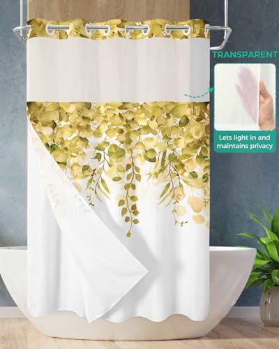 No Hook Shower Curtain and Snap in Liner Set, Yellow Eucalyptus Fabric Bathroom Stall Shower Curtains 36x72, See Through Mesh Top Window, Spring Summer Botanical Floral Leaves Country Hotel Style - color: Yellow, size: 36"W x 72"L (Pack of 1)