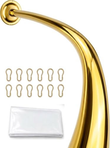 Shower Suite by Utopia Alley – Rustproof Aluminum Curved Shower Curtain Rod Combo Set with Liner & 12 Hooks, Adjustable 45–72 Inch Wall Mount Rod, Bright Gold Finish - color: Bright Gold