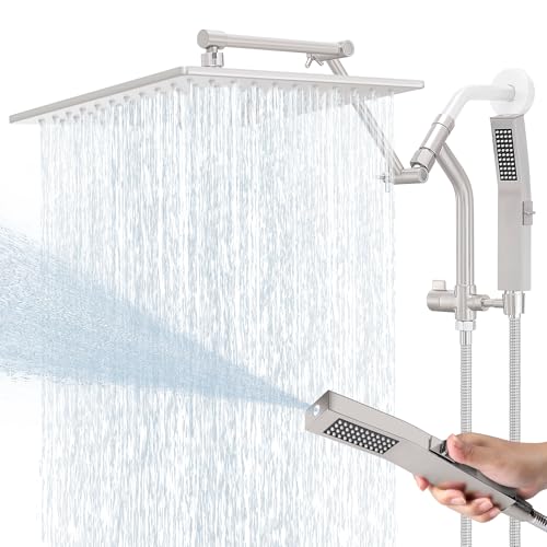 All Metal 12 Inch Rain Shower Head with Handheld Built-in Power Wash Mode, High Pressure Waterfall Rainfall Square Shower Heads with 16" Adjustable Extension Arm, Dual Showerhead(Brushed Nickel) - color: Brushed Nickel, size: 12 Inch
