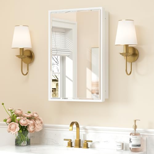 Keonjinn 16" x 24" White Medicine Cabinets for Bathroom with Mirror, Recessed or Surface Wall-Mounted Aluminum Alloy Framed Beveled Mirror, Single Door Farmhouse Bathroom Mirror with Storage Cabinet - color: White, size: Mirror: 16x24 IN, style: Single-Do