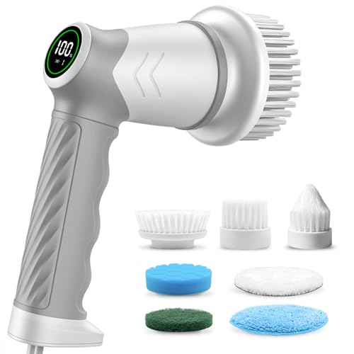 DAESUNG Electric Spin Scrubber, Electric Bathroom Brush with 7 Replaceable Heads, Power Scrubber with LED Display, Electric Scrubbers for Cleaning Shower, Tile, Grout, Sink - color: A-white