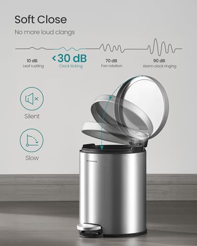 SONGMICS Bathroom Trash Can, 1.6 Gallon (6 L) Small Toilet Garbage Bin with Lid, Soft-Close, Stainless Steel, Pedal, Inner Bucket, Bedroom, Metallic Silver ULTB016EZ01 - color: Metallic Silver