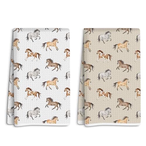 2 Pcs Modern Watercolor Horse Kitchen Towels, Fantasy Animal Dish Towels Absorbent, Machine Washable, Gift for Friend Coworker Sister Horse Lover Christmas Birthday Friendship Housewarming Gifts - color: Multicolor 353