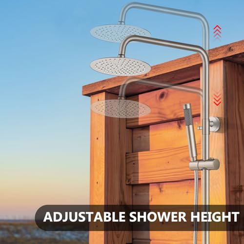 Outdoor Shower Kit, 8-Inch Rain Head and Handheld, Brushed Nickel | Dual-Function Outdoor Shower Kit With An 8-Inch Rain Head, Handheld Spray, Adjustable Slide Bar And Single-Handle Control - color: Nickel