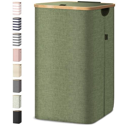 BALEINE Laundry Hamper with Lid, Tall Laundry Baskets with Bamboo Pull Handles, Large Laundry Bin with Internal Support (18 Gal/70L, Green) - color: Green, size: 70 liters