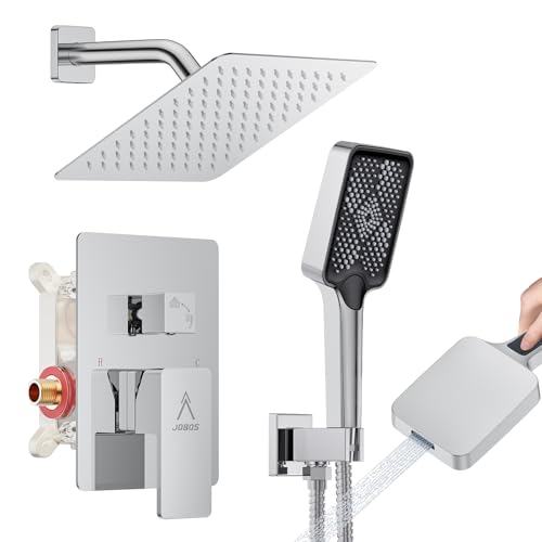 Shower System Modern Rain 8 inches Brass Faucet Set With Valve and Diverter Shower Mixer With Handheld High Pressure Square Rainfall Shower Valve (8'' Wall Mount, Chrome Polished) - color: Chrome Polished, style: 8'' Wall Mount