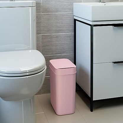 iTouchless 3 Gallon Sensor Bathroom Trash Can, 10 Liter Slim Touchless Automatic Small Garbage Bin with Lid, Narrow Smart Motion Control Commercial Wastebasket for Bedroom, Office, Pink Plastic