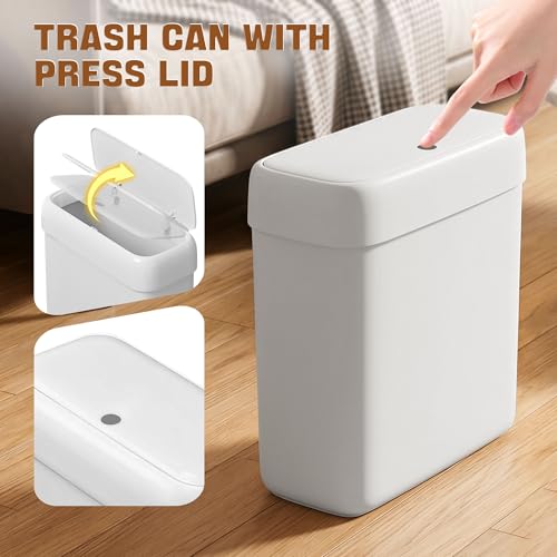 Small Bathroom Trash Can with Lid, 3.2 Gallon Slim Press-Top Trash Can, Pet-Resistant Narrow Plastic Wastebasket, White Garbage Bin for Bathroom Bedroom Office Dorm RV - size: 3.2 Gallon