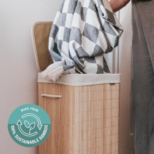 CleverMade Bamboo Laundry Hamper LUXE, 72L, Natural Bamboo Hamper | Keep Laundry Out of Sight Under the Fitted Lid | Lift the Removable Liner to the Washer, Then Fold the Frame Flat for Storage - size: Single