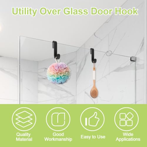 Shower Caddy Hook 2Pcs No Drilling Over Door Towel Hook Heavy Duty Silicone-Coated Frameless Glass Door Metal Hooks for Bathroom Kitchen (Black) - color: Black（metal inside)