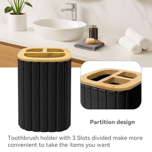 Bathroom Accessories Set, 2PCS Black Soap Dispenser and Toothbrush Holder | Bamboo Bathroom Sets Accessories, Bathroom Set Striped - color: Black