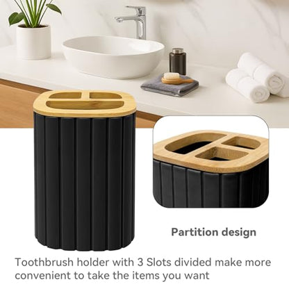 Bathroom Accessories Set, 2PCS Black Soap Dispenser and Toothbrush Holder | Bamboo Bathroom Sets Accessories, Bathroom Set Striped - color: Black