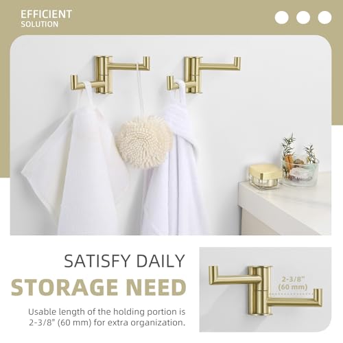 Angle Simple Swivel Hooks, Robe Towel Hook Brushed Gold, 2 Pack | Sturdy SUS304 Stainless Steel, Foldable Hand Towel Holder for Bathroom Kitchen Closet RV, Screws Wall Mount - color: Brushed Gold, size: 2 Pack