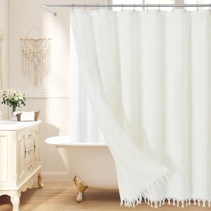 Extra Long Linen Farmhouse Shower Curtain with Tassel, Modern Boho French Country Chic Bathroom Shower Curtain Set with PEVA Liner, Cotton Luxury Fabric Shower Curtain 72x84 - White - color: White, size: 72"W x 84"L (Pack of 1)