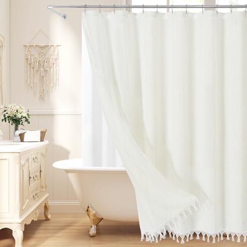 Long Linen Farmhouse Shower Curtain Set with Tassel, Modern Boho French Country Chic Bathroom Shower Curtain Set with PEVA Liner, Cotton Luxury Fabric Shower Curtain 72x78 - White - color: White, size: 72"W x 78"L (Pack of 1)