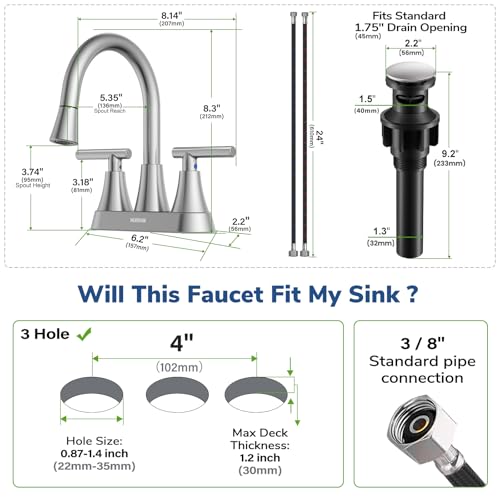 Centerset Bathroom Faucet with Pull Out Sprayer, 4 Inch 2 Handle Sink Faucet with Pop Up Drain, Stainless Steel Vanity Faucet with 2 Supply Hoses, Brushed Nickel - color: Brushed Nickel, size: 4 IN