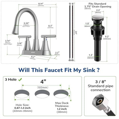 Centerset Bathroom Faucet with Pull Out Sprayer, 4 Inch 2 Handle Sink Faucet with Pop Up Drain, Stainless Steel Vanity Faucet with 2 Supply Hoses, Brushed Nickel - color: Brushed Nickel, size: 4 IN