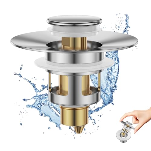 Bathroom Sink Stopper, Pop Up Drain Stopper with Overflow, Premium Metal Chrome and Brass Construction, Easy Installation, No Plumber Required