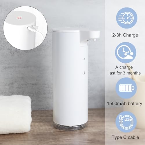 Automatic Soap Dispenser Foaming: Rechargeable Touchless Soap Dispenser Stainless Steel Foam Soap Dispenser for Bathroom Hand Soap Pump for Kitchen Xmas Gift, 9oz, White - color: White