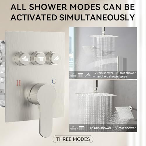 Shower Faucet Set Shower System Brushed Nickel, Push Button Diverter | 12 Inch Ceiling Mount Shower Head, 6 Inch Wall Mount Head, 2-in-1 Handheld Sprayer, Solid Brass Valve, Can Run All Together - color: Brushed Nickel, size: 8+12 inch-10
