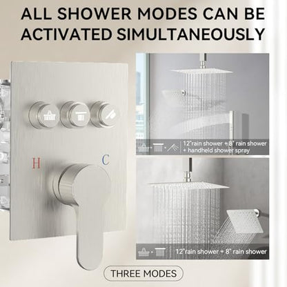 Shower Faucet Set Shower System Brushed Nickel, Push Button Diverter | 12 Inch Ceiling Mount Shower Head, 6 Inch Wall Mount Head, 2-in-1 Handheld Sprayer, Solid Brass Valve, Can Run All Together - color: Brushed Nickel, size: 8+12 inch-10