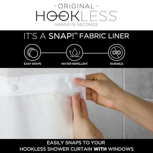 Hookless It's A Snap! Polyester Fabric Snap-in Replacement Shower Curtain Liner with Magnets for Hookless Curtain with Sheer Window, 70" x 54", Water-Repellent, Easy Install, White - color: White, size: 70"W x 54"L (Pack of 1), style: With Magnets