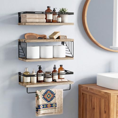 Fixwal Wall Mounted Bathroom Shelves Over Toilet (3+1 Gray) | Wall Shelf with Basket Storage , Towel Bar, Solid Wood, 22Lb Capacity, Easy DIY Install - color: 2-gray