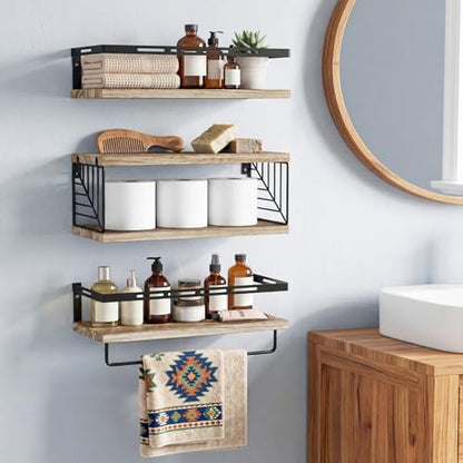 Fixwal Wall Mounted Bathroom Shelves Over Toilet (3+1 Gray) | Wall Shelf with Basket Storage , Towel Bar, Solid Wood, 22Lb Capacity, Easy DIY Install - color: 2-gray
