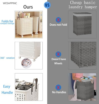 WESAPPINC Collapsible Large Laundry Hamper, Plastic Laundry Basket with Wheels,Suitable for Bathroom, Bedroom, Dorm Room & Laundry Room,Basket with Handle (Cream color) - color: 55L Cream