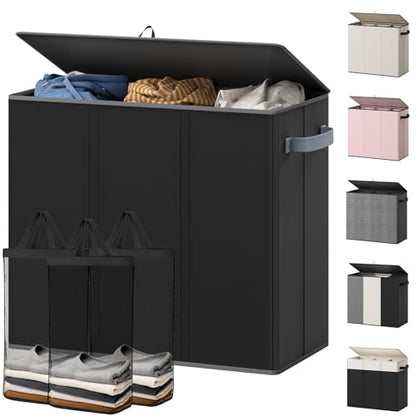 Optish 180L Laundry Hamper 3 Section, Large Laundry Hamper with Lid, Dirty Clothes Hampers with 3 Inner Bags, Laundry Basket Organizer for Laundry, Bedroom, Bathroom, Hamper 3 Compartment, Black - color: Black