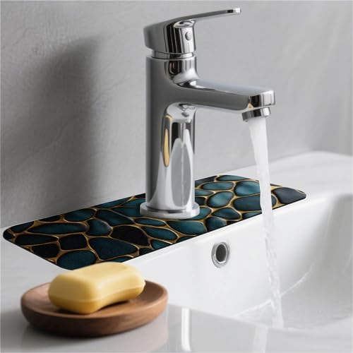 Kitchen Sink Splash Guard，Blue and gold stones Faucet Mat Sink Gadgets-Super Absorbent Fast Drying Mat Drip Catcher for Kitchen, Bathroom,Sink Mat, Dish Drying Mat, Bathroom(15" X 5.5" ) - color: Blue and gold stones
