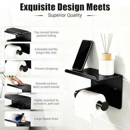 Matte Black Toilet Paper Holder with Shelf, SUS304 Stainless Steel Rustproof Wall Mount Toilet Paper Roll Holder, Screw Bathroom Toilet Paper Holder for Kitchen, Washroom, RV - color: Matte Black