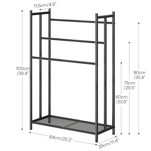HOOBRO Free Standing Towel Rack for Bathroom, 25.2" L x 11.4" W x 39.4" H, 3-Tier Blanket Rack Stand with Bottom Mesh, Freestanding Quilt Stand with Adjustable Feet, Industrial Style, Black BK09LB01