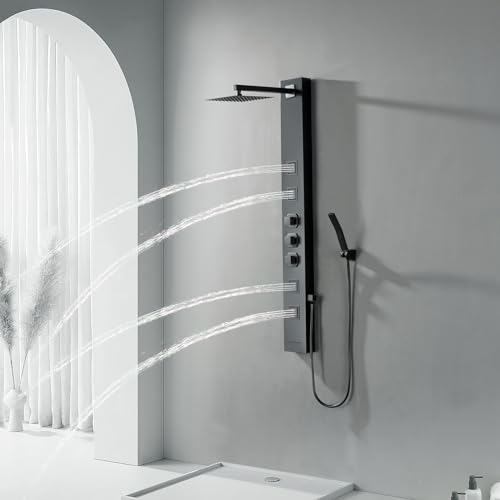 Rainfall Shower Tower Shower Wall Panels, Stainless Steel Shower Panel with 4 Body Jets Massage and Adjustable Head, Tub Spout Column Wall Mount, Black