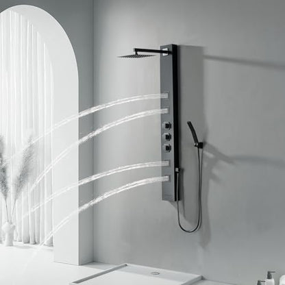 Rainfall Shower Tower Shower Wall Panels, Stainless Steel Shower Panel with 4 Body Jets Massage and Adjustable Head, Tub Spout Column Wall Mount, Black