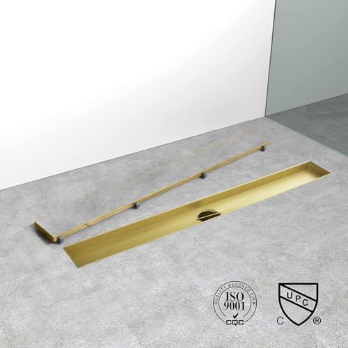 40" Linear Shower Drain Brushed Gold Drain with Tile Insert Grate | AISI 304 Stainless Steel Fast Drainage Rectangle Hidden Shower Trench,Detachable Hair Catcher Easy to install,Leveling Feet - color: Gold, size: 40 Inch (No Base)