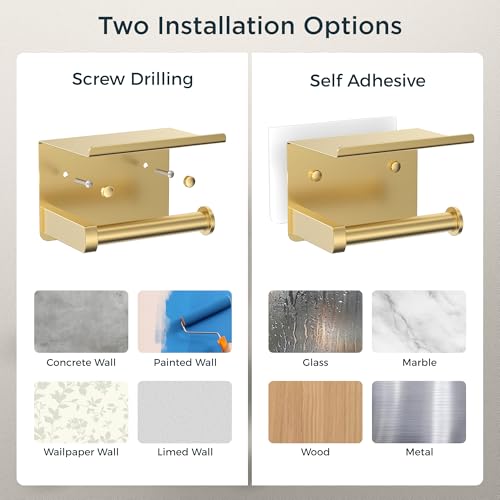FORIOUS Toilet Paper Holder with Shelf, Adhesive or Screw, Brushed Gold | Wall Mount Toilet Paper Roll Holder for Bathroom, Stainless Steel Commercial Toilet Tissue Roll Dispenser with Phone Shelf - color: Brushed Gold