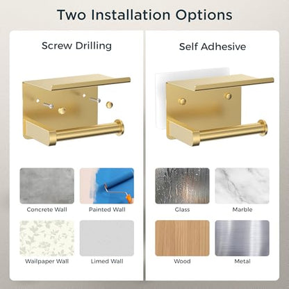 FORIOUS Toilet Paper Holder with Shelf, Adhesive or Screw, Brushed Gold | Wall Mount Toilet Paper Roll Holder for Bathroom, Stainless Steel Commercial Toilet Tissue Roll Dispenser with Phone Shelf - color: Brushed Gold