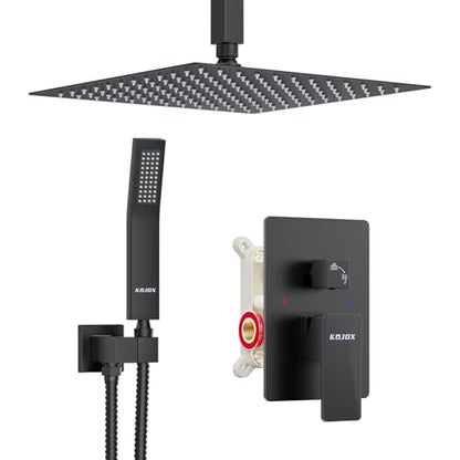 KOJOX Matte Black Ceiling Shower Fixture with 12 Inch Rainfall Shower head and Handheld Head, Bathroom Shower Faucet Set Trim Kit with Mixer Valve - color: Matte Black, size: 12 Inch-Square