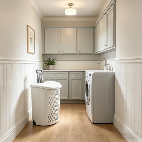 White Laundry Basket, Lid & Wheeled Plastic Laundry Hamper, Hamper with Retractable Handle, Rolling Laundry Hamper for Room, Bathroom, Dormitory, Bedroom