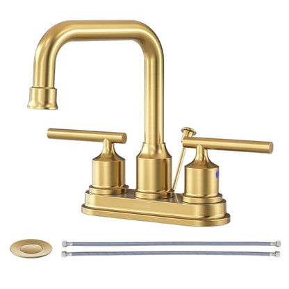 WOWOW Brushed Gold Bathroom Faucet 4 inch Bathroom Sink Faucet 3 Hole RV Sink Tap 2 Handle Vanity Taps with Drain Assembly Centerset Lavatory Mixer 360-Degree Swivel Spout - color: Brushed Gold, style: Centerset - 4 Inch