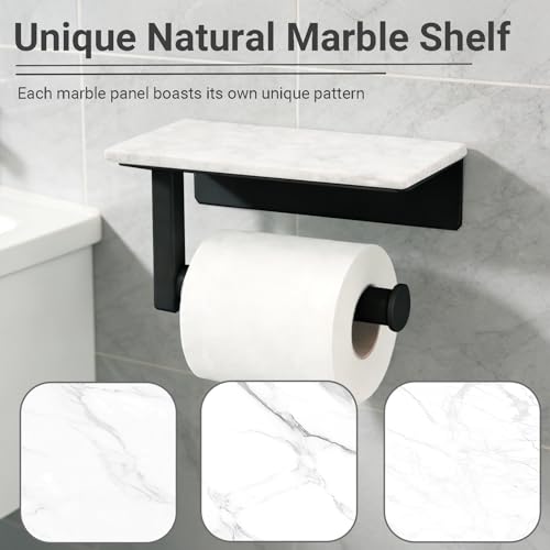 Toilet Paper Holder with Natural Marble Shelf, Wall Mounted Tissue Holder, Modern and Durable Bathroom Accessory for Bathroom Washroom(Black) - color: Black