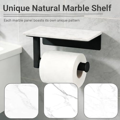 Toilet Paper Holder with Natural Marble Shelf, Wall Mounted Tissue Holder, Modern and Durable Bathroom Accessory for Bathroom Washroom(Black) - color: Black