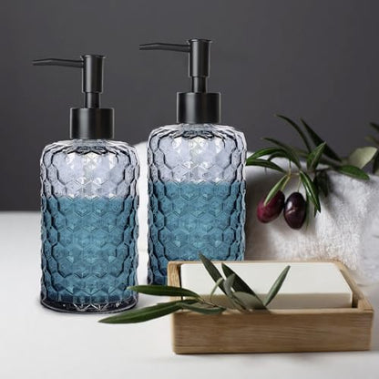 Clear Charcoal Blue Glass Soap Dispenser with Pump, 16oz Honeycombed Design Hand Soap Dispenser, Refillable Lotion & Dish for Dishwashing Liquid, Lotion - color: Honeycombed Blue Grey
