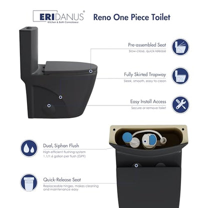Elongated One Piece Toilet, Dual Flush 1.1/1.6 GPF, Matte Black | ADA Compliant 17" chair height bowl, Powerful siphon dual flush, 12" rough-in, comfort soft closing seat, Matte black toilet - color: Matte Black