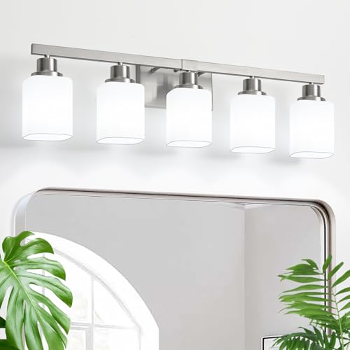 5-Light Bathroom Vanity Light,Brushed Nickel Vanity Lights with Square Frosted Glass,Modern Bathroom Wall Lights Fixtures Over Mirror,Wall Sconces Lighting for Bedroom Living Room,E26 - color: Nickel, size: 5-Light
