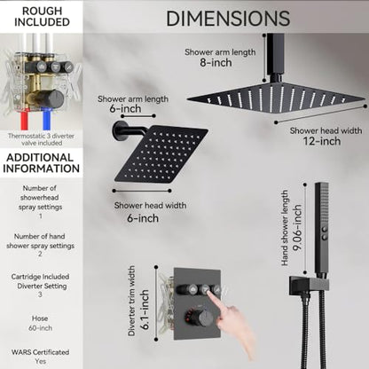 Thermostatic Shower System Matte Black Push Button Shower Faucet Set,12" Ceiling Rainfall and 6" Wall Mount Rain Shower with 2 in 1 Handhled, Can Use All at Once, Shower Set with Valve and Trim Kit - color: Matte Black, size: 6+12 inch-11