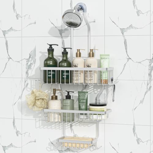 Simple Trending Shower Caddy Hanging, Shower Organizer with Large Capacity | Rustproof Shower Shelves with Hooks for Inside Shower, No Drilling Over Showerhead, Suction & Adhesive Install, Silver