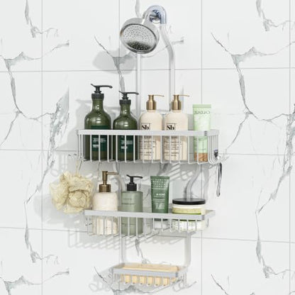 Simple Trending Shower Caddy Hanging, Shower Organizer with Large Capacity | Rustproof Shower Shelves with Hooks for Inside Shower, No Drilling Over Showerhead, Suction & Adhesive Install, Silver